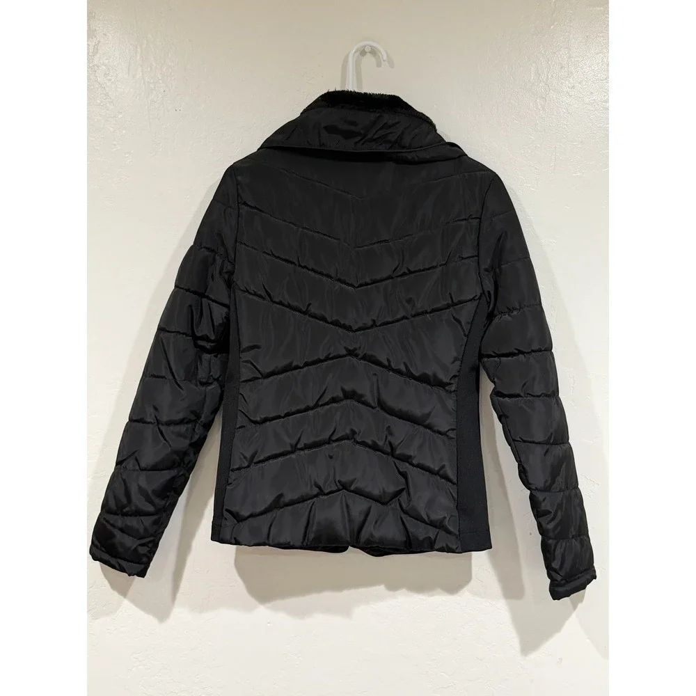 G by GUESS Women Black Puffer Jacket Rose Gold Hardware Faux Fur Collar XS